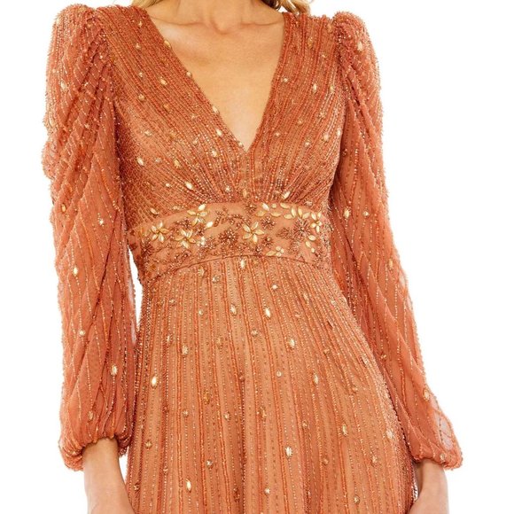 Mac Duggal 5593 Hand Embellished V Neck Puff Long Sleeve A Line Midi‎ Cognac 2 - Picture 3 of 10